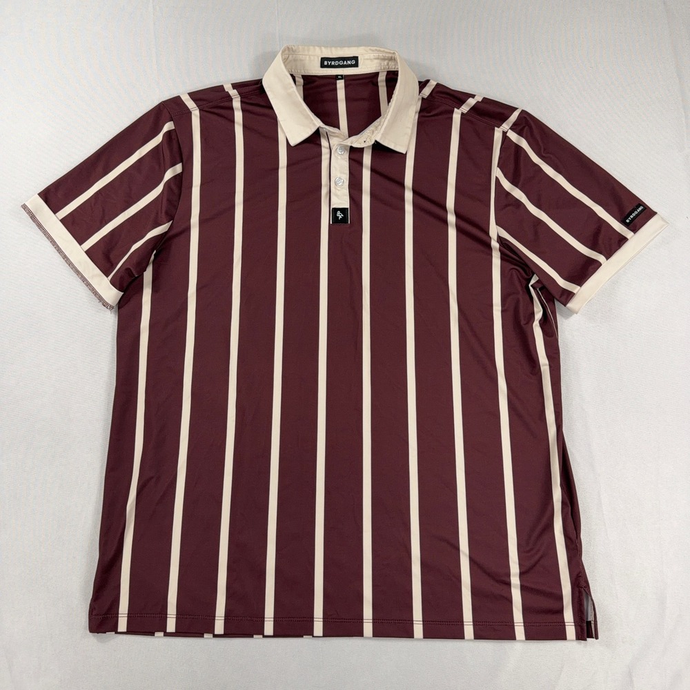 Byrdgang Polo Shirt Short‎ Sleeve Striped Performance Golf Mens XL Maroon Cream